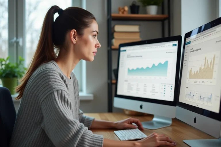 Femme analysant les statistiques de son site web sur un écran d'ordinateur dans un bureau moderne
