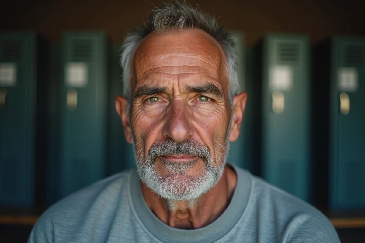 Portrait expressif d'un ancien boxeur marqué par des années de combats, évoquant les séquelles à long terme des KO répétés