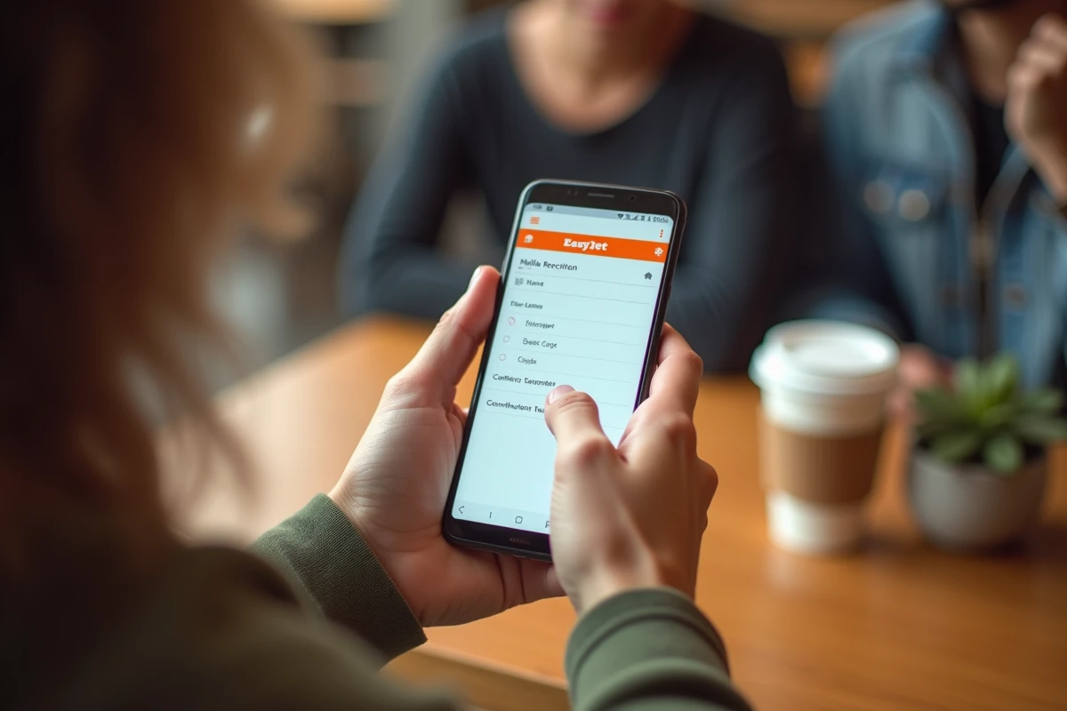 Mains tenant un smartphone affichant l'application EasyJet pour corriger un nom sur une réservation de vol