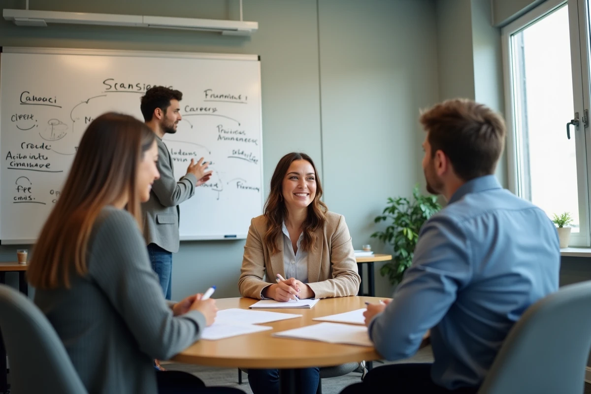 Atelier collectif de coaching emploi Solerys avec un groupe de participants et un facilitateur en salle de réunion