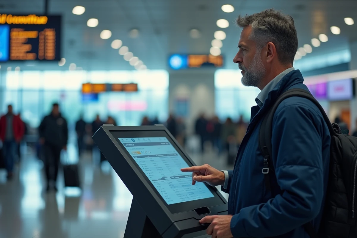 Passager masculin modifiant le nom sur un billet EasyJet à une borne libre-service dans un aéroport international