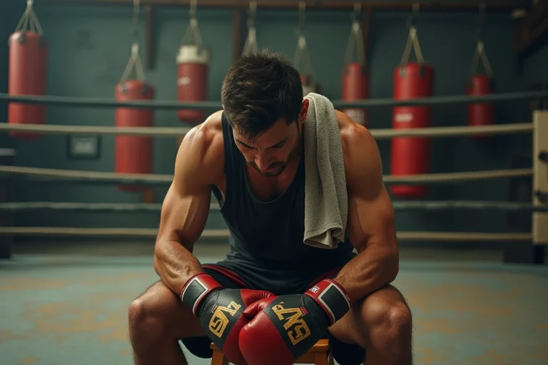 Boxeur épuisé assis dans un coin du ring après un combat, illustrant les risques d'un KO sur la santé