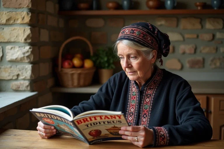 Femme bretonne en costume traditionnel lisant un magazine