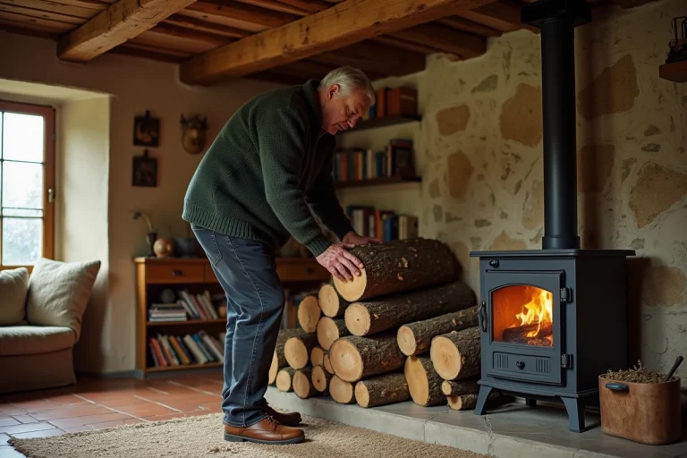 Homme empilant des bûches de chêne près d'un poêle à bois en fonte dans un salon normand en pierre