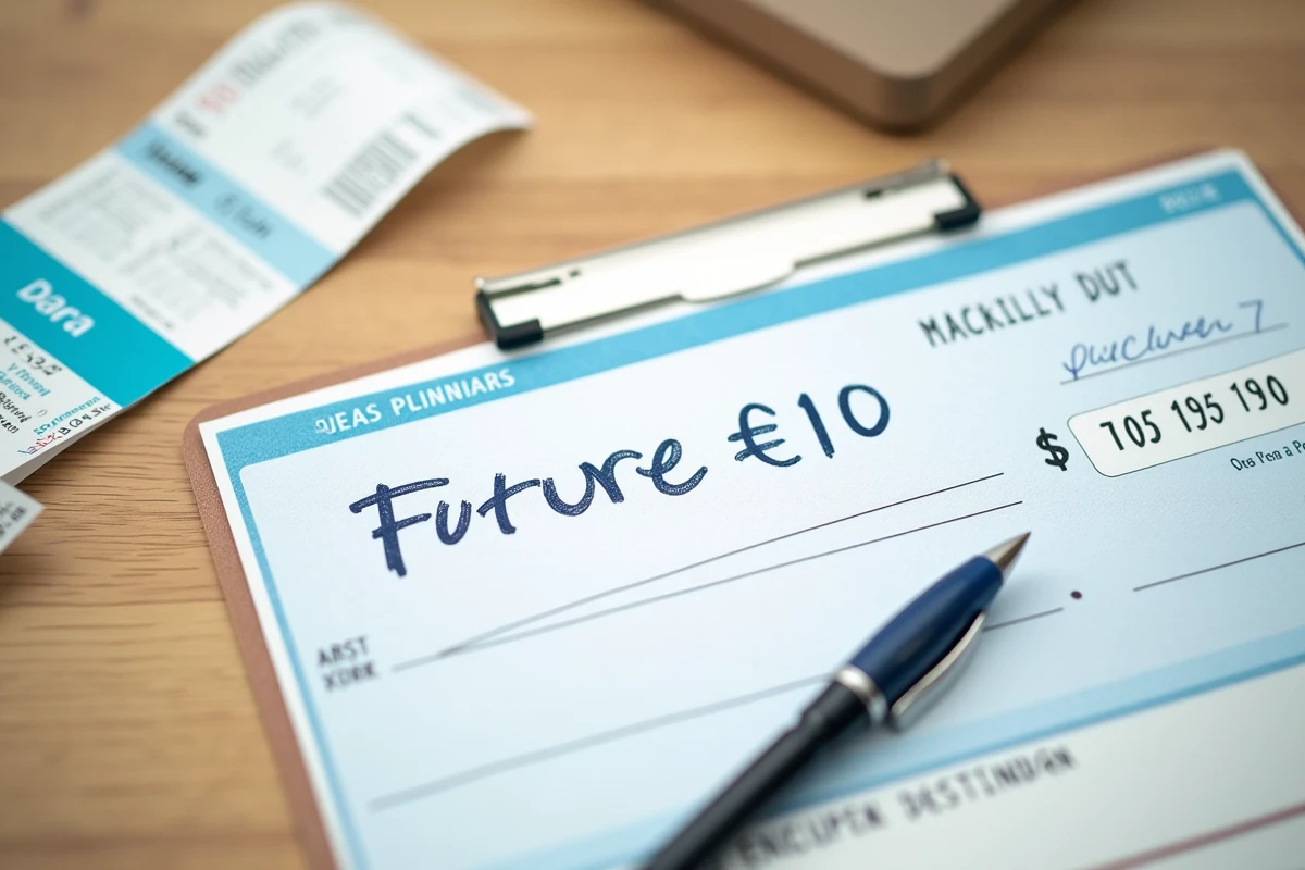 Chèque différé avec date future posé à côté d'une carte de fidélité Cora et d'un reçu de courses