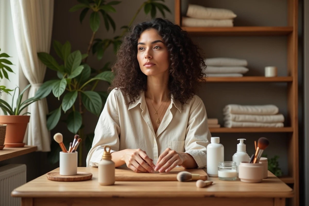 Femme organisant ses produits de maquillage et soins sur une coiffeuse en bois dans une chambre cosy
