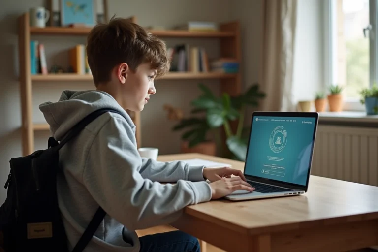 Collégien connecté à l'espace numérique Pronote sur un ordinateur portable depuis sa chambre