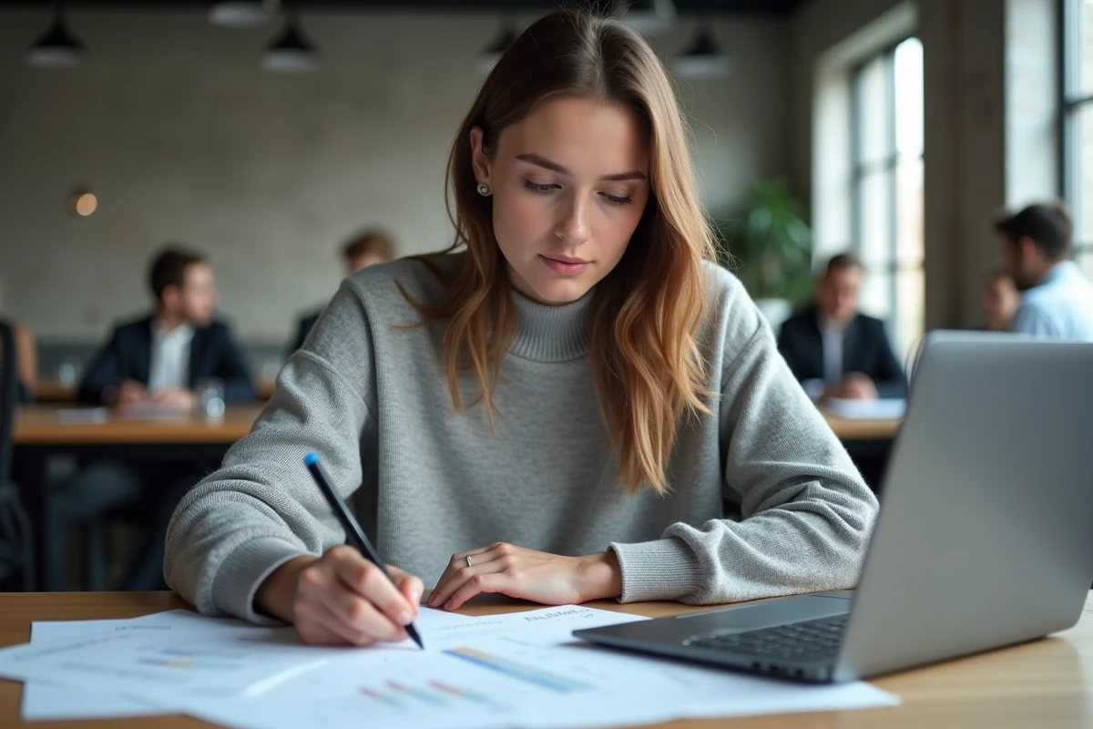 Jeune femme comparant des profils de professionnels qualifiés dans un espace de coworking moderne