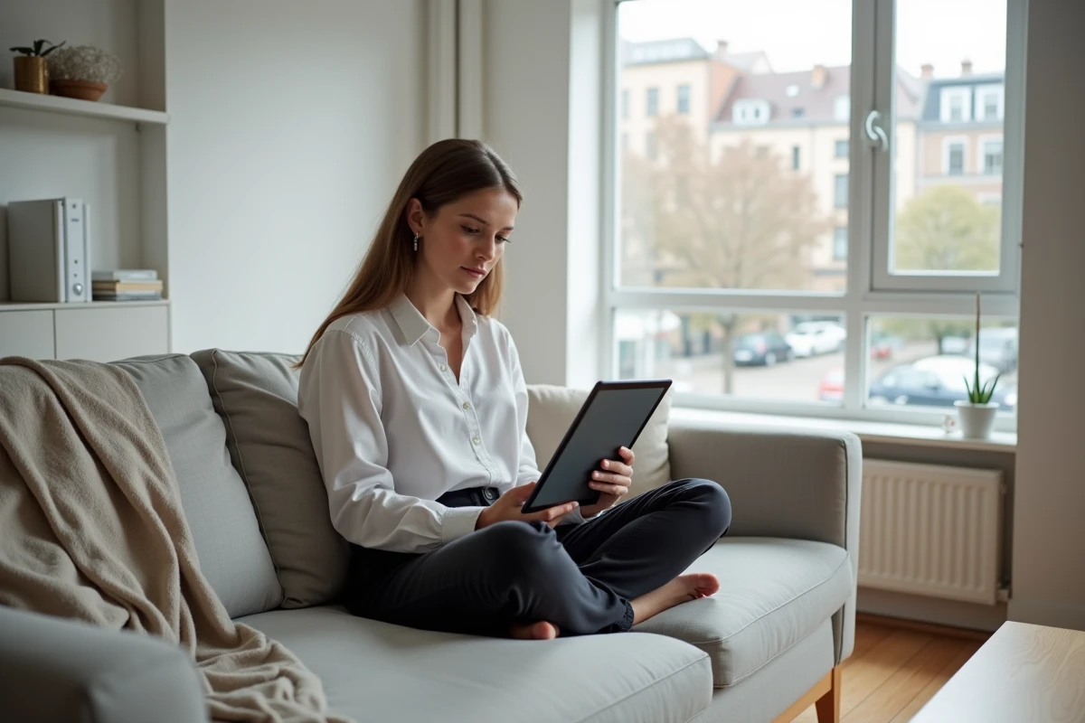 Jeune femme consultant une maquette de refonte de site web sur une tablette dans un salon minimaliste