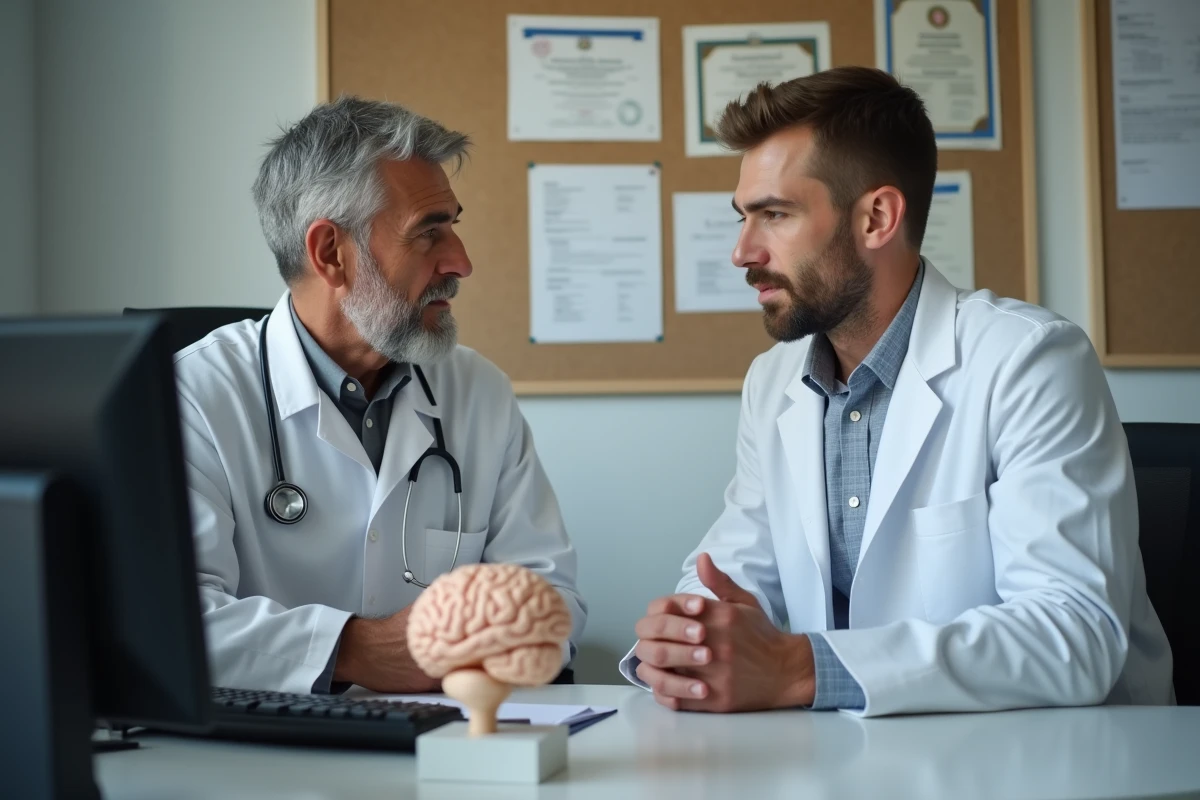 Médecin du sport expliquant les conséquences neurologiques d'un KO à un athlète lors d'une consultation médicale