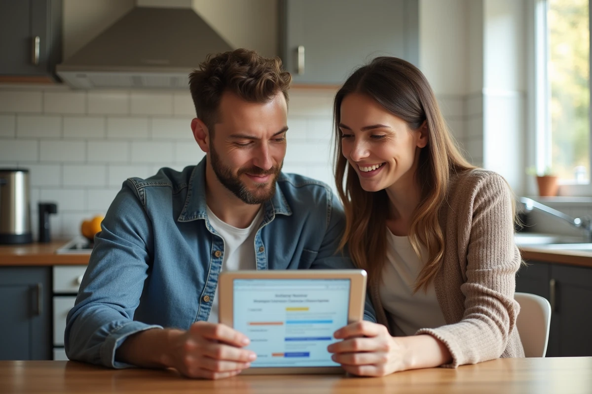 Couple choisissant ensemble leur assurance auto autour d'une tablette dans la cuisine