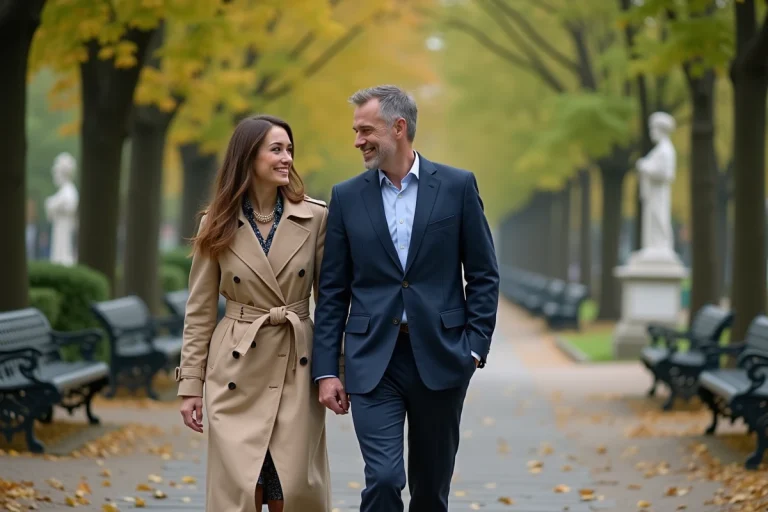 Couple élégant se promenant dans un parc parisien