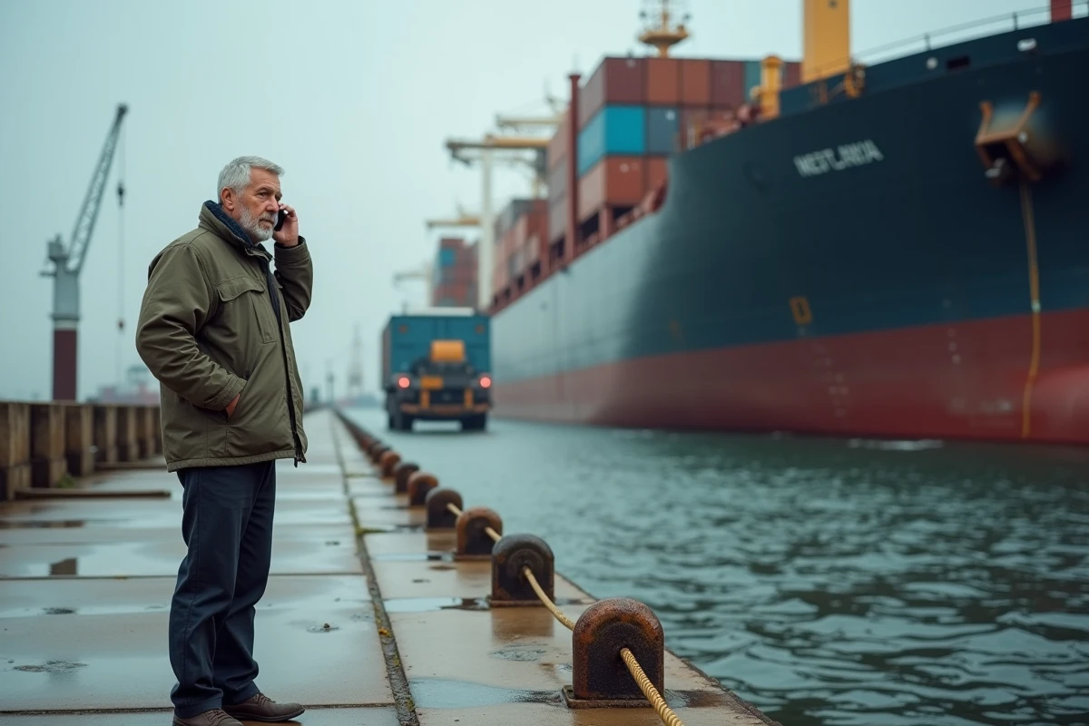 Courtier en fret évaluant un transporteur portuaire depuis le quai d'un port industriel