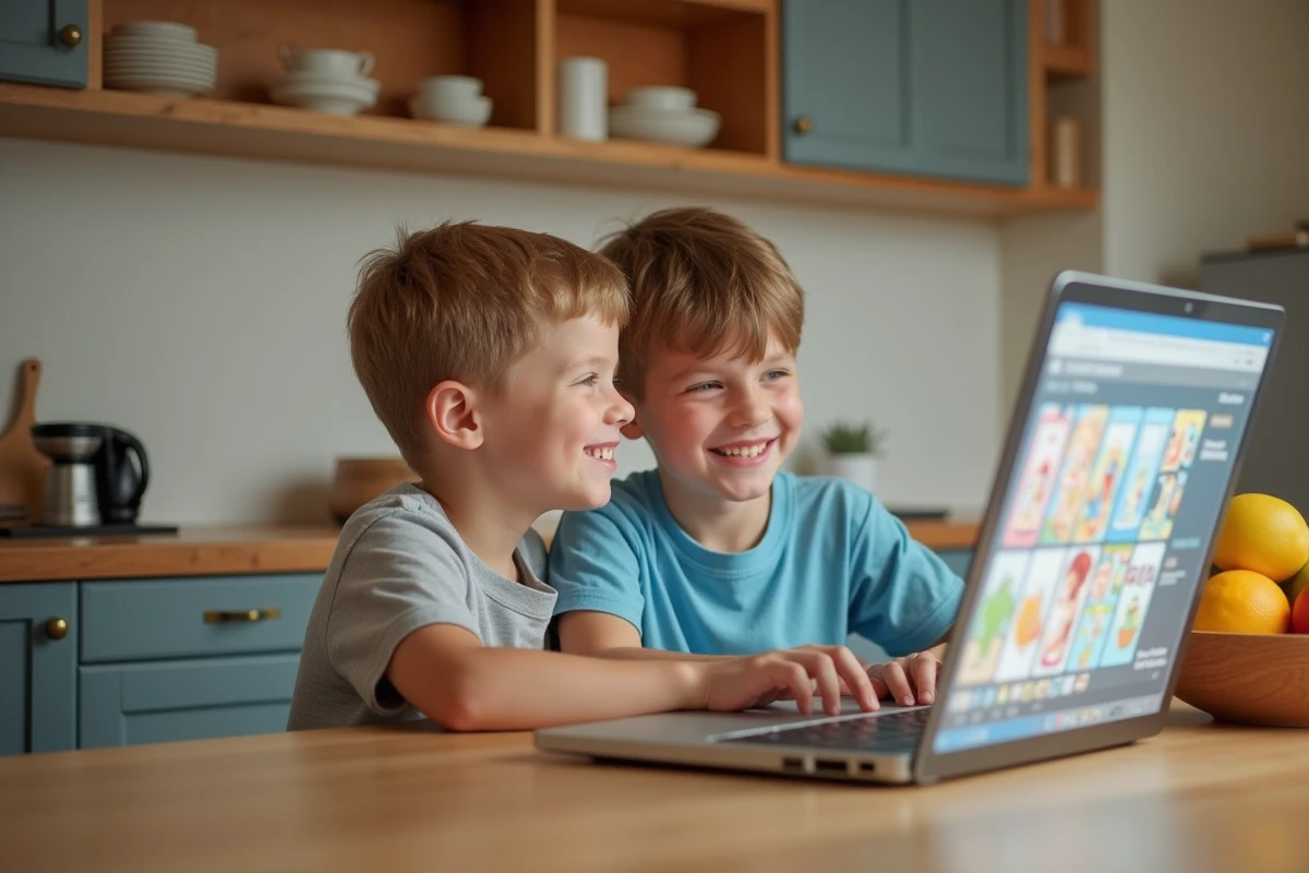Deux garçons jouant ensemble sur un ordinateur dans la cuisine