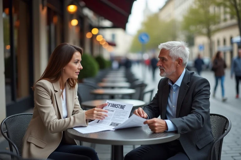Couple d'adultes discutant d'investissements en extérieur