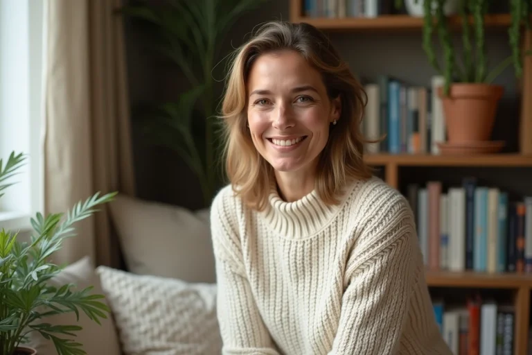 Femme souriante dans un intérieur chaleureux évoquant une confidence intime sur sa vie privée