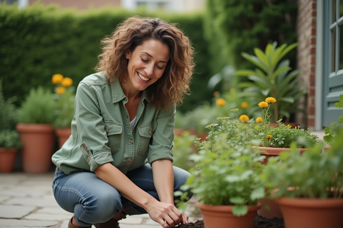 Femme épanouie dans son jardin, symbole de vie familiale équilibrée et de bonheur au quotidien