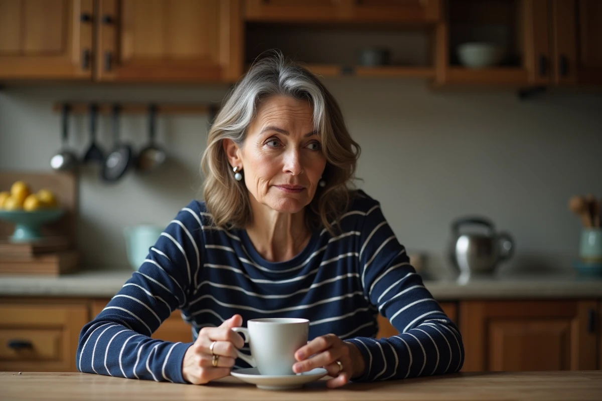 Portrait intimiste d'une femme pensive dans sa cuisine, illustrant ses révélations sur ses enfants et sa vie personnelle