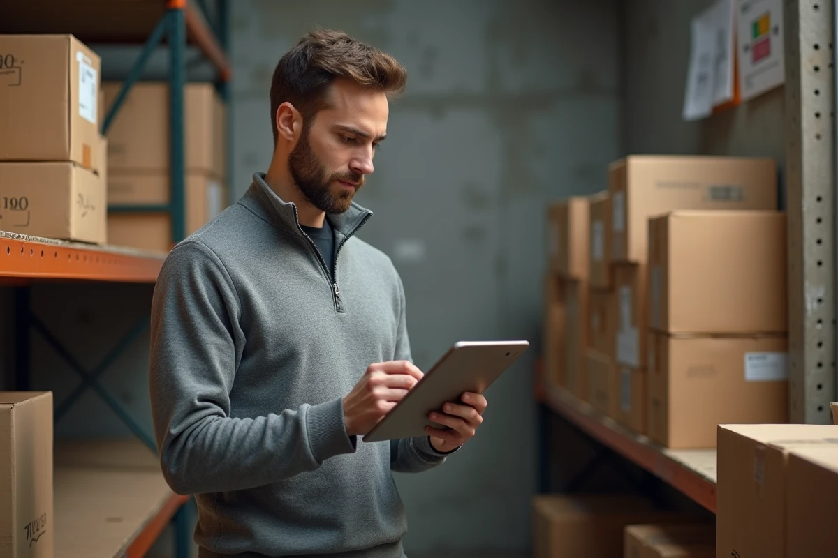 Entrepreneur e-commerce consultant son espace ColiShip sur tablette dans un entrepôt de préparation de commandes
