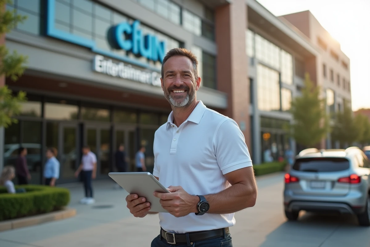 Entrepreneur souriant devant la façade d'un centre C Fun avec une tablette affichant des données business