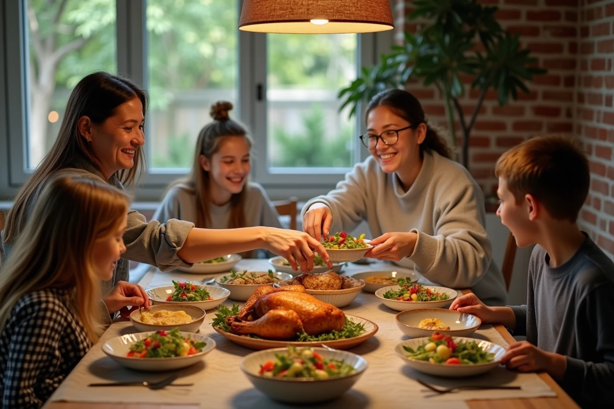 Famille réunie autour d'un repas gourmand fait maison avec poulet rôti et salades colorées