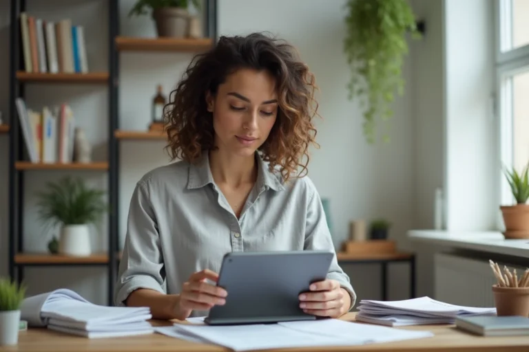Femme consultant les dernières actualités et tendances du web sur une tablette dans un bureau moderne et minimaliste