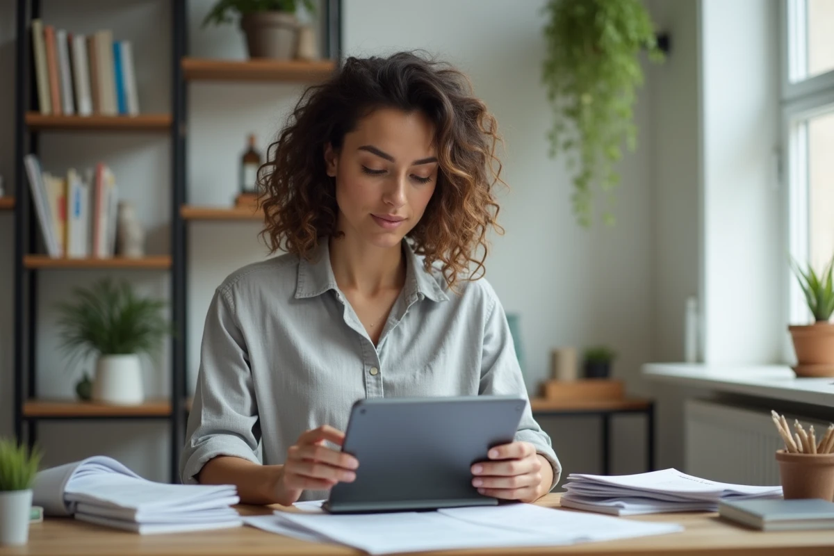 Femme consultant les dernières actualités et tendances du web sur une tablette dans un bureau moderne et minimaliste