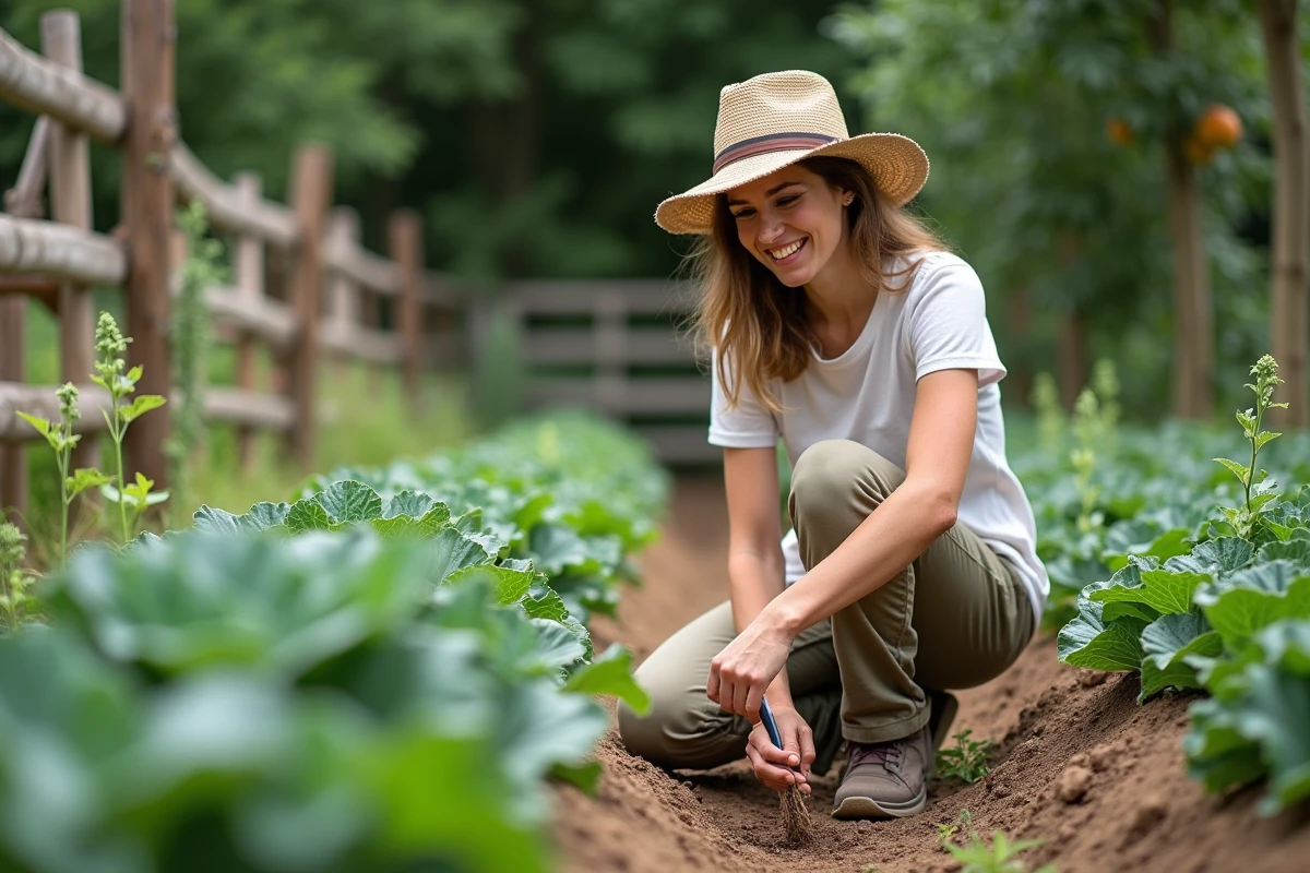 Jeune femme avec un grelinette dans un jardin permaculture florissant