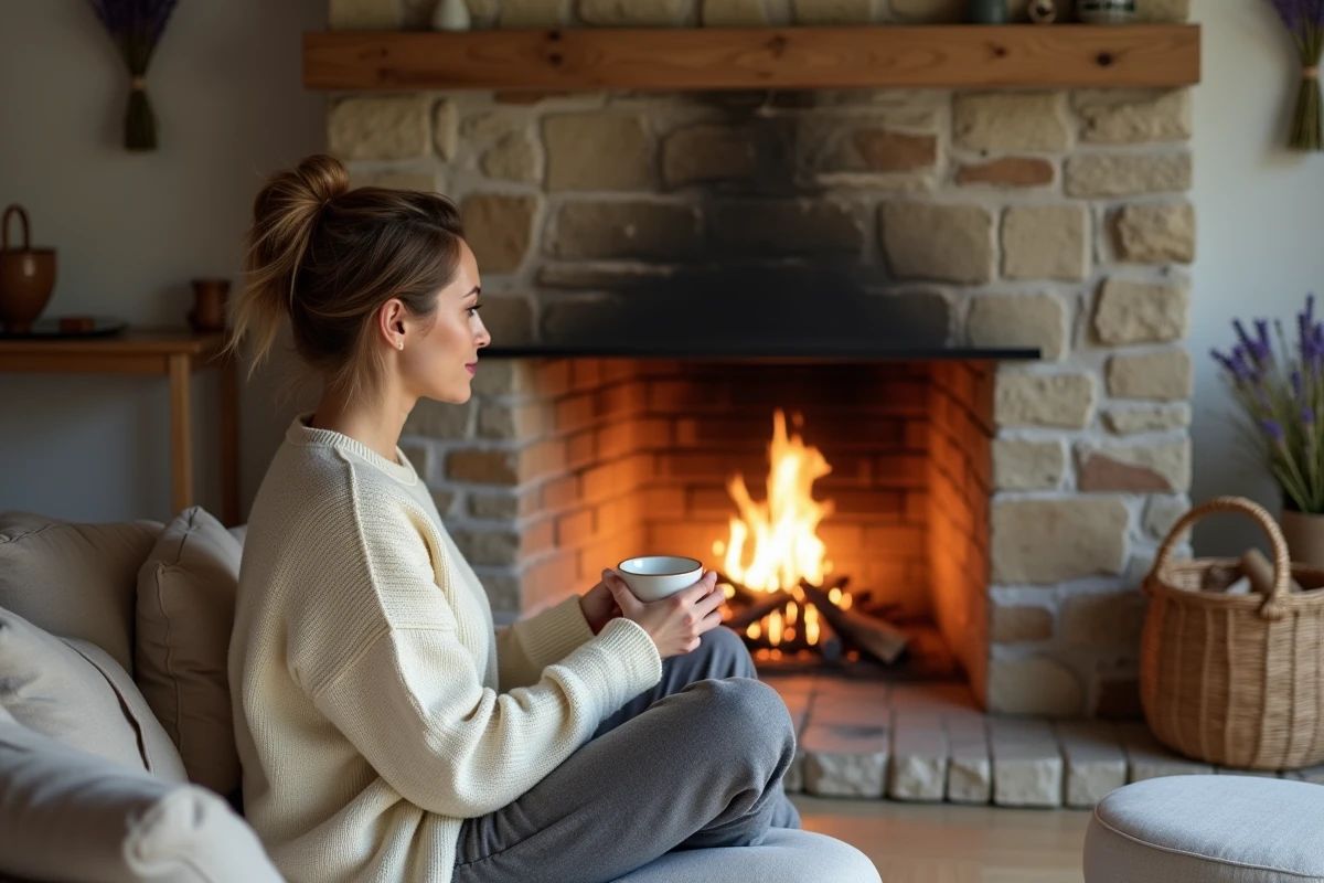 Femme se réchauffant devant une cheminée à bois en pierre de Caen dans un intérieur de maison normande