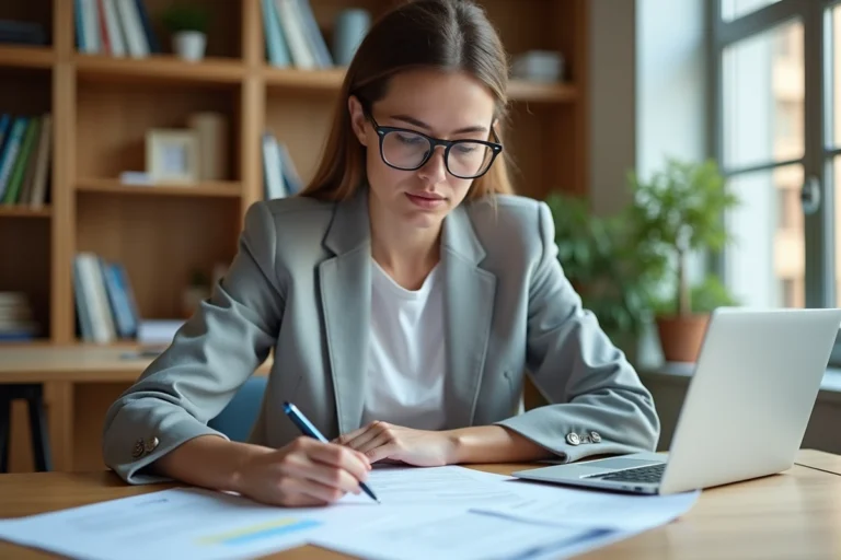 Femme consultant des documents d'assurance auto à son bureau à domicile