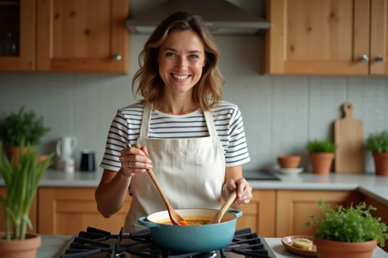 Femme souriante qui cuisine une soupe de légumes maison dans une cuisine familiale chaleureuse
