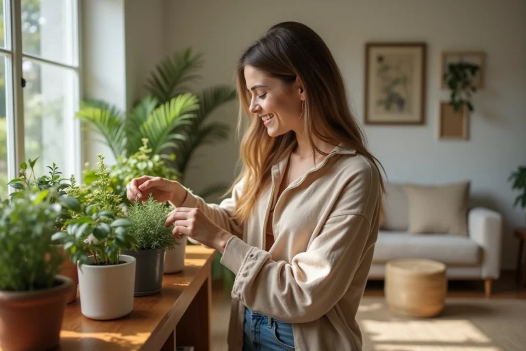 Femme souriante arrangeant des plantes dans un salon lumineux
