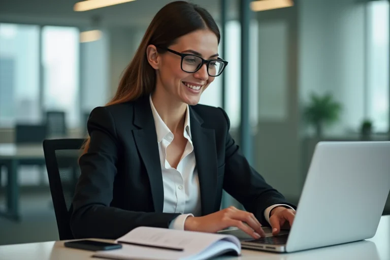 Femme d'affaires concentrée sur son ordinateur au bureau