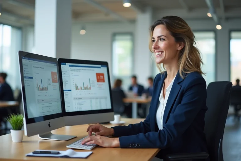 Femme professionnelle gérant un espace de gestion de colis ColiShip sur ordinateur dans un bureau moderne