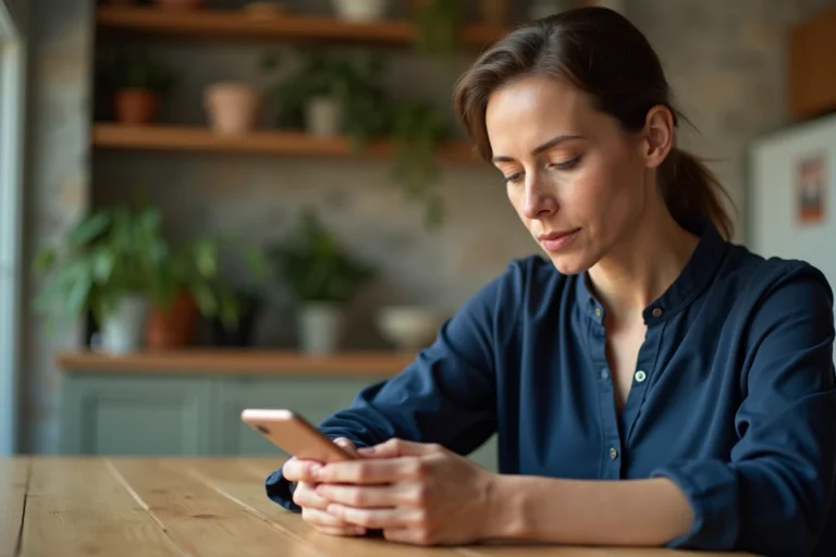 Femme cherchant un professionnel qualifié près de chez elle sur son smartphone à la maison
