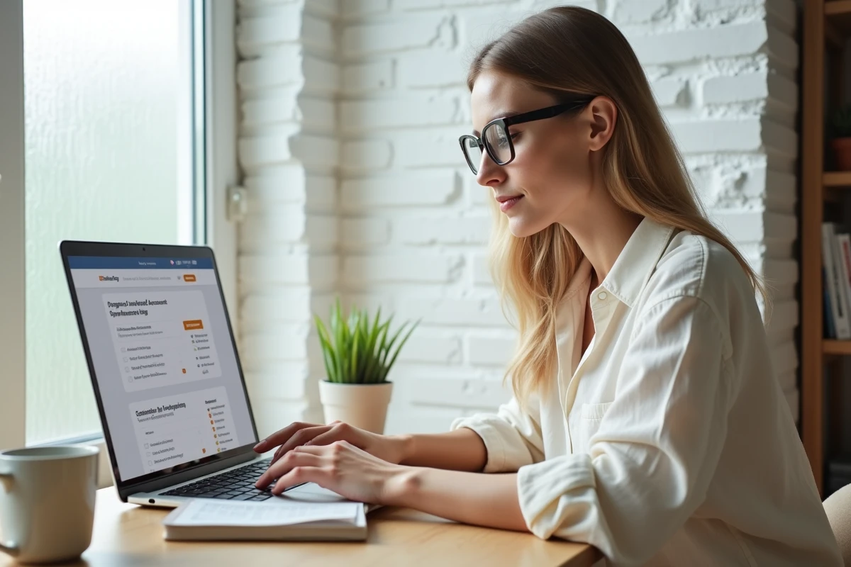 Femme en télétravail gérant son compte ColiShip sur ordinateur portable depuis un bureau à domicile