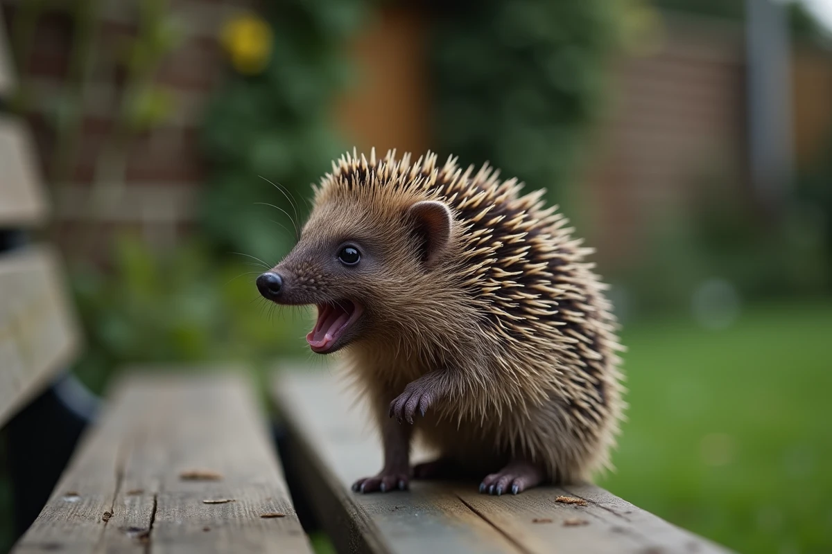 Hérisson debout sur un banc de jardin en bois, nez levé et bouche ouverte en train d'émettre un son de souffle défensif