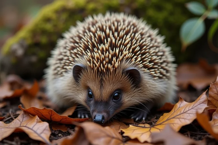 Hérisson européen en boule défensive sur un lit de feuilles mortes, soufflant avec la bouche ouverte pour se protéger d'un prédateur
