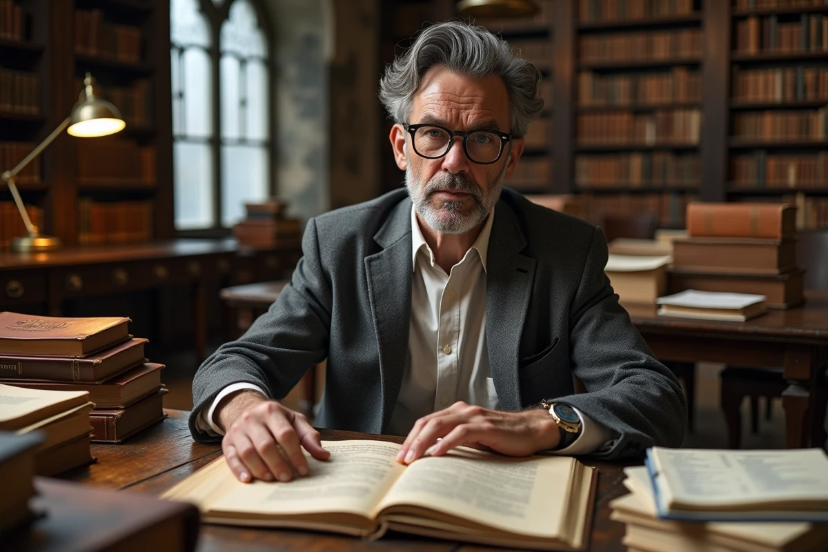 Historien examinant des manuscrits anciens dans une bibliothèque d'archives universitaire pour étudier coutumes et traditions