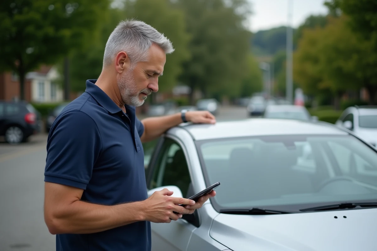 Homme comparant des offres d'assurance auto sur smartphone près de sa voiture