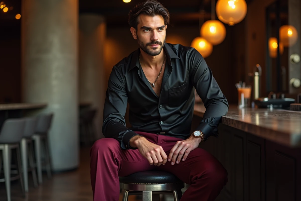 Homme en tenue clubwear tendance avec pantalon large bordeaux et chemise satin noir dans un lounge de club moderne