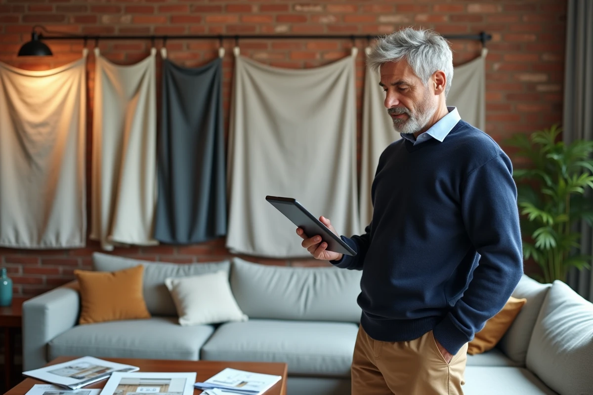 Homme observant des échantillons de textiles dans un salon urbain
