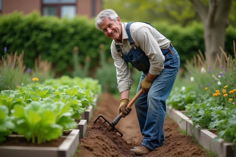 Homme en vêtements de travail utilisant une grelinette dans un jardin bio