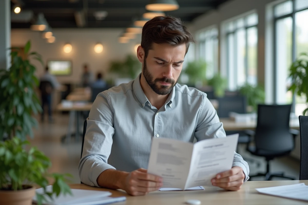 Homme consultant une brochure du programme Solerys dans un espace de travail moderne de Pôle Emploi