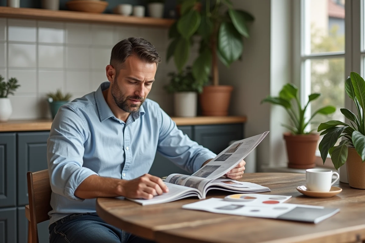 Homme lisant un magazine dans une cuisine moderne et accueillante