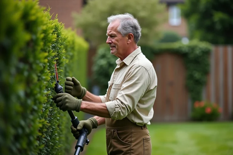Homme utilisant un taille-haie télescopique pour tailler une haute haie de buis dans un jardin résidentiel bien entretenu