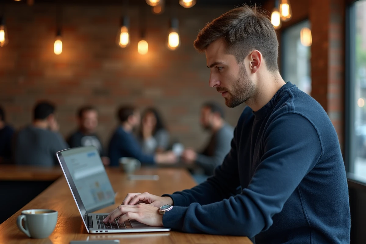 Homme naviguant sur plusieurs onglets de navigateur pour suivre les tendances web actuelles dans un café urbain