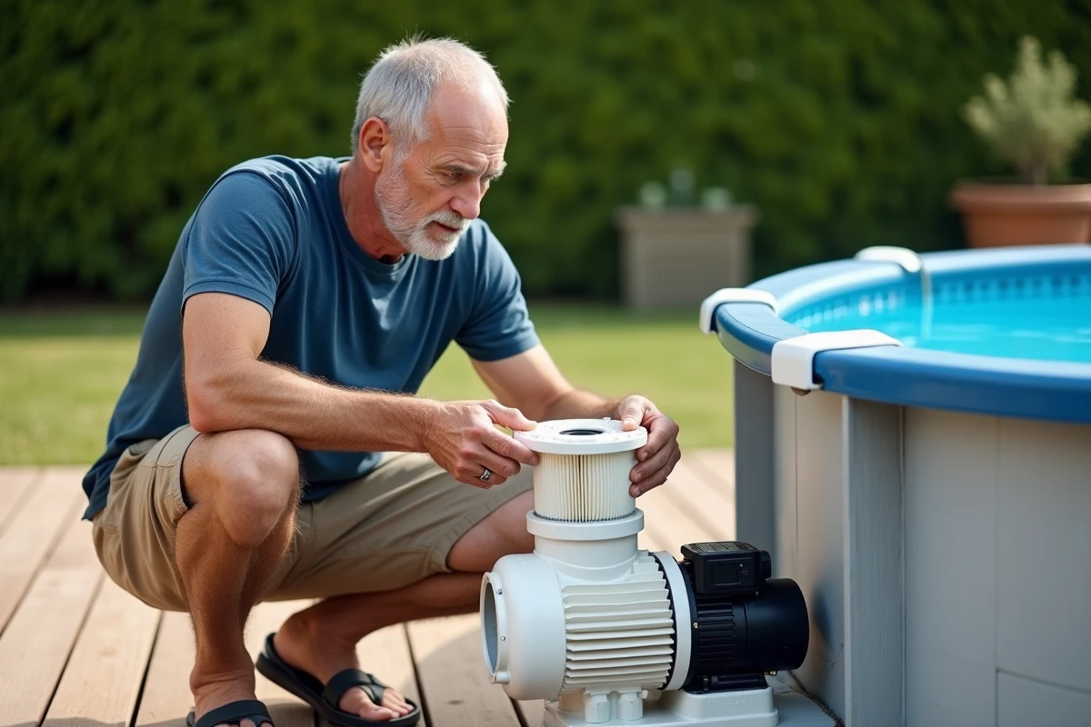 Homme inspectant une cartouche filtrante de pompe de piscine hors sol dans un jardin ensoleillé