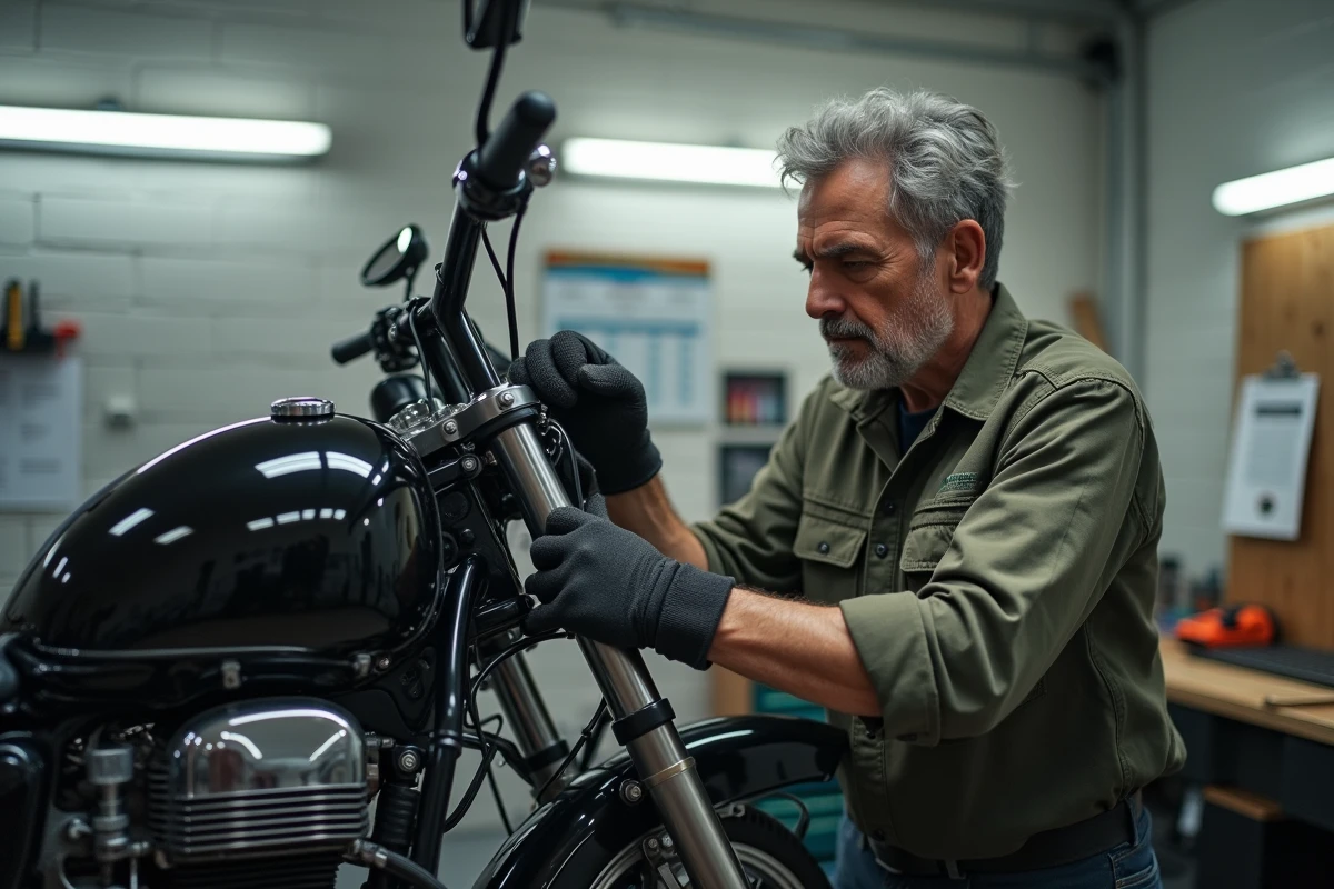 Gros plan sur un mécanicien vissant les composants d'un kit de conversion trike sur un cadre de moto en atelier