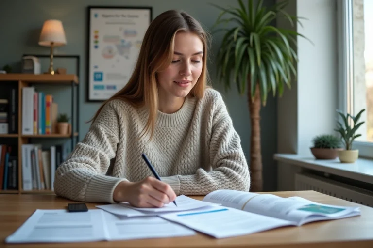 Jeune femme étudiante examine des brochures universitaires